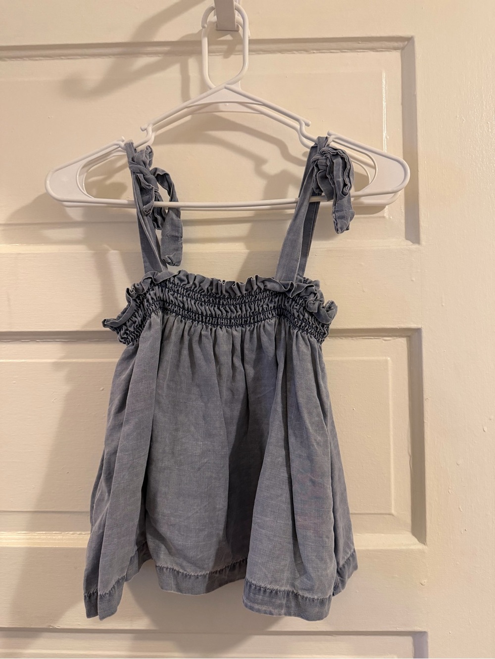 Smocked Tie-Strap Denim-Look Tank Top - Blue
